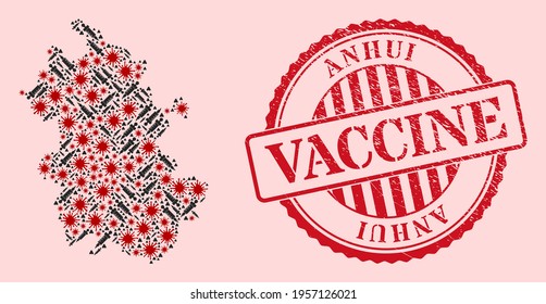 Vector collage Anhui Province map of SARS virus, vaccination icons, and red grunge vaccination seal stamp. Virus particles and injection particles inside Anhui Province map.