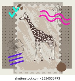 vector collage with animal and neon color elements, , creative composition with sketch of giraffe