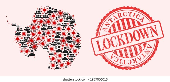 Vector collage Antarctica continent map of SARS virus, masked men and red grunge lockdown seal. Virus elements and men in masks inside Antarctica continent map.