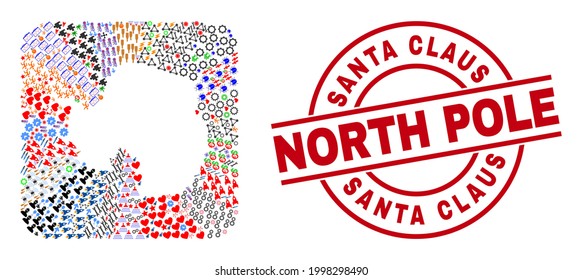 Collage vectorial del continente antártico mapa de diferentes símbolos y placa del Polo Norte de Santa Claus. Mapa del continente de la Antártida de Collage creado como galería de símbolos a partir de cuadrado redondeado.