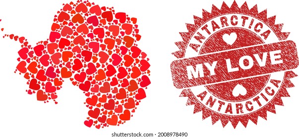 Vector collage Antarctica continent map of valentine heart elements and grunge My Love badge. Collage geographic Antarctica continent map designed with love hearts.
