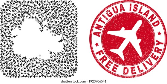 Vector collage Antigua Island map of aviation elements and grunge Free Delivery seal stamp. Collage geographic Antigua Island map created as stencil from rounded square using flying out aeroplanes.