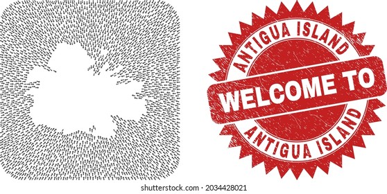Vector collage Antigua Island map of navigation arrows and scratched Welcome seal. Collage geographic Antigua Island map constructed as subtraction from rounded square using motion arrows.