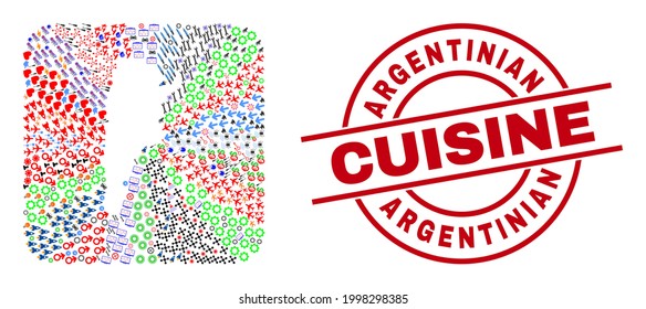Vector collage Argentina map of different pictograms and Argentinian Cuisine stamp. Collage Argentina map constructed as subtraction from rounded square shape.