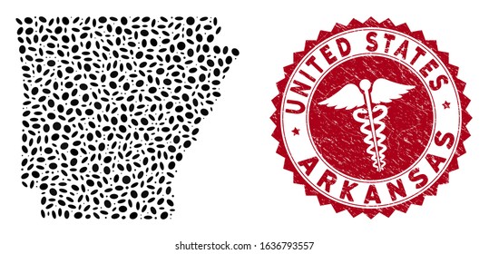 Vector collage Arkansas State map and red rounded rubber stamp seal with serpents sign. Arkansas State map collage formed with oval elements. Red rounded medicine seal stamp, with distress texture.