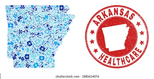 Vector collage Arkansas State map with medical icons, laboratory symbols, and grunge doctor seal stamp. Red round seal with scratched rubber texture and Arkansas State map word and map.