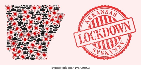 Vector collage Arkansas State map of SARS virus, masked men and red grunge lockdown seal stamp. Virus particles and men in masks inside Arkansas State map.