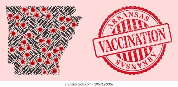 Vector collage Arkansas State map of covid-2019 virus, vaccine icons, and red grunge vaccine stamp. Virus particles and treatment particles inside Arkansas State map.