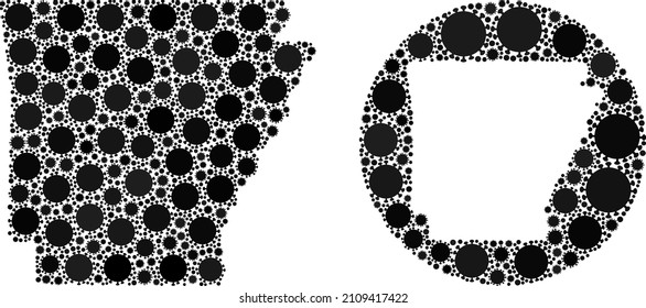 Collage vectorial del mapa del estado de Arkansas de los elementos del brote de virus. Mapa geográfico mosaico del estado de Arkansas construido como esténcil de círculo con elementos de brotes de virus en tonos negros.
