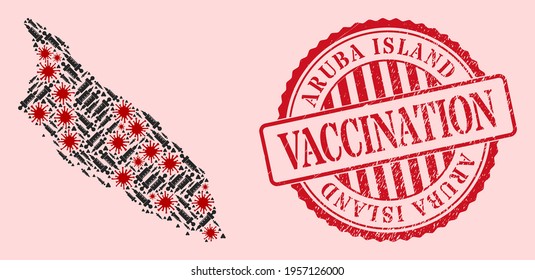 Vector collage Aruba Island map of covid-2019 virus, vaccine icons, and red grunge vaccination seal stamp. Virus cells and vaccination particles inside Aruba Island map.