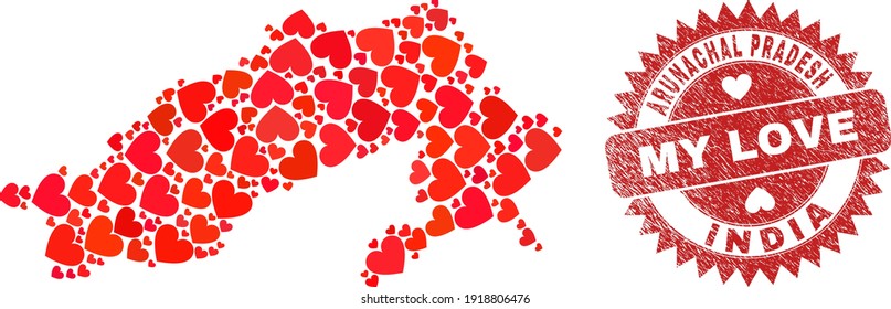 Vektorgrafik Arunachal Pradesh Staatskarte mit hübschen Herzstücken und Grunge Meine Liebesstempel. Mosaik geographische Arunachal Pradesh Staatskarte, konstruiert mit Liebe Herzen.