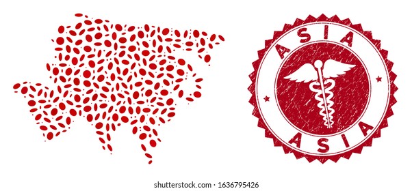 Vector collage Asia map and red rounded distressed stamp watermark with serpents sign. Asia map collage designed with ellipse items. Red rounded medical watermark, with grunge texture.