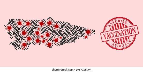 Vector collage Asturias Province map of coronavirus, injection icons, and red grunge vaccine seal. Virus items and injection items inside Asturias Province map.