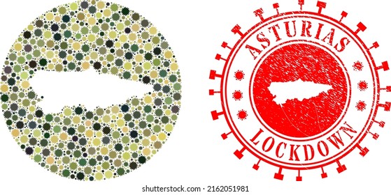 Vector collage Asturias Province map of sars virus elements and grunge LOCKDOWN stamp.