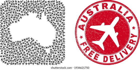 Vector collage Australia map of airliner elements and grunge Free Delivery stamp. Collage geographic Australia map created as subtraction from rounded square shape using coming out airplanes.