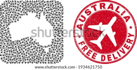 Vector collage Australia map of airliner elements and grunge Free Delivery stamp. Collage geographic Australia map created as subtraction from rounded square shape using coming out airplanes.