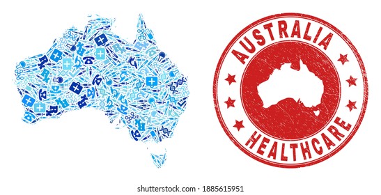 Vector collage Australia map with inoculation icons, test symbols, and grunge healthcare rubber imitation. Red round imprint with grunge rubber texture and Australia map caption and map.
