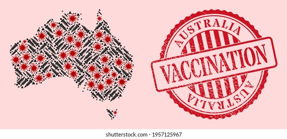 Vector collage Australia map of SARS virus, vaccine icons, and red grunge vaccine seal. Virus particles and vaccine needles inside Australia map.