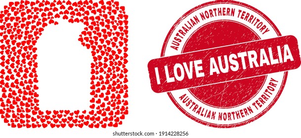 Vector collage Australian Northern Territory map of valentine heart items and grunge love seal stamp.
