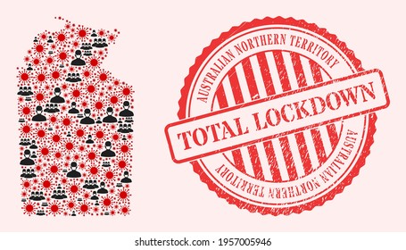 Vector collage Australian Northern Territory map of SARS virus, masked men and red grunge lockdown seal. Virus elements and men in masks inside Australian Northern Territory map.