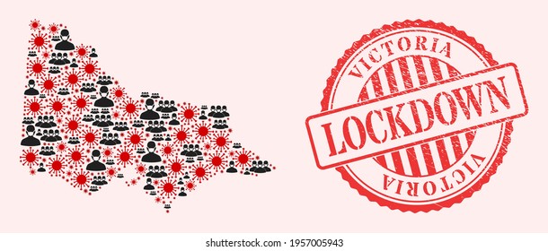 Vector collage Australian Victoria map of coronavirus, masked people and red grunge lockdown seal stamp. Virus particles and people in masks inside Australian Victoria map.