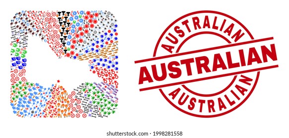 Vector collage Australian Victoria map of different icons and Australian seal stamp. Mosaic Australian Victoria map constructed as subtraction from rounded square shape.