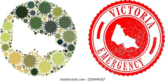 Vector collage Australian Victoria map of flu virus items and grunge EMERGENCY seal stamp.