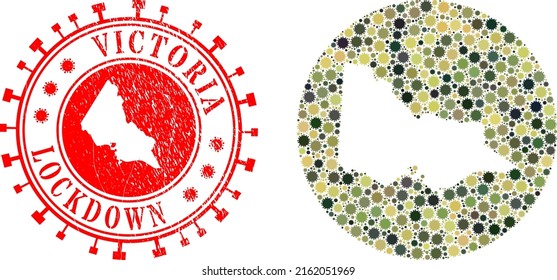 Vector collage Australian Victoria map of flu virus elements and grunge LOCKDOWN seal.