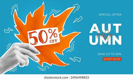 Vector collage of autumn sale. Vector illustration with hand holding bright maple leaf. Bright autumn banner for decoration seasonal discount offer, advertising, poster, flyer, web, social media.