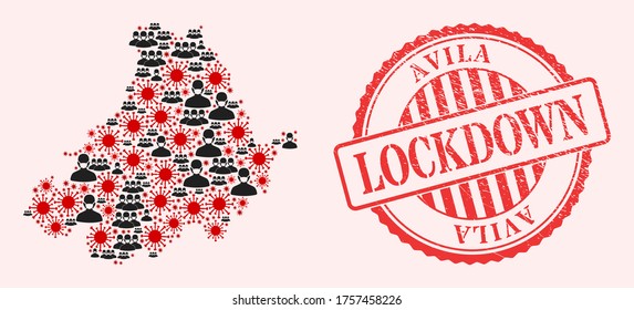 Vector collage Avila Province map of flu virus, masked men and red grunge lockdown seal stamp. Virus elements and men in masks inside Avila Province map.