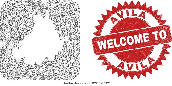 Vector collage Avila Province map of motion arrows and rubber Welcome stamp. Collage geographic Avila Province map constructed as hole from rounded square with pointing arrows.