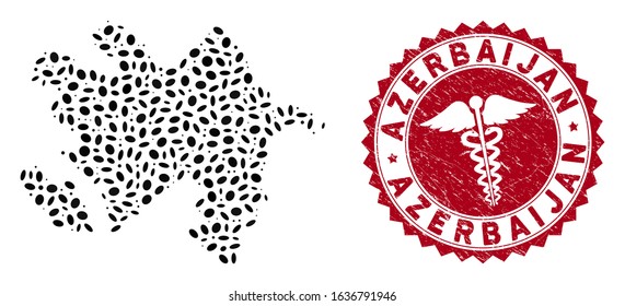 Vector collage Azerbaijan map and red round distressed stamp watermark with medical icon. Azerbaijan map collage designed with elliptic items. Red round doctor seal stamp, with unclean texture.