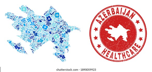 Vector collage Azerbaijan map of vaccine icons, receipt symbols, and grunge doctor seal stamp. Red round stamp with distress rubber texture and Azerbaijan map text and map.
