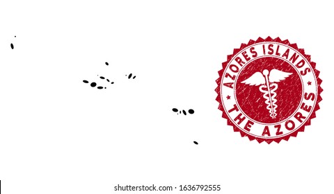 Vector collage Azores Islands map and red rounded corroded stamp watermark with medicine sign. Azores Islands map collage created with ellipse spots. Red round medicine seal stamp,