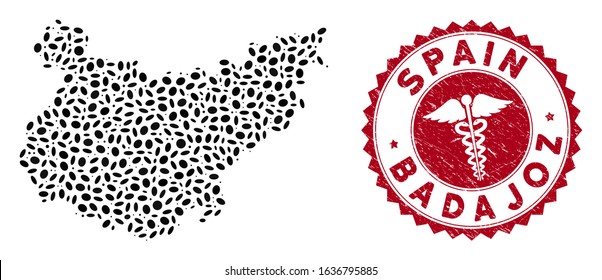 Vector collage Badajoz Province map and red round corroded stamp watermark with medical sign. Badajoz Province map collage created with ellipse items. Red round health care watermark,