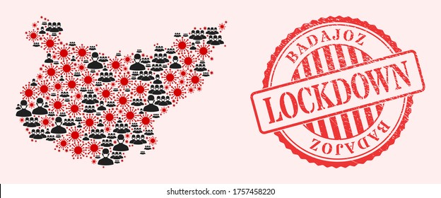 Vektorgrafik Badajoz Provinzplan des Corona-Virus, maskierte Männer und roten Grunge-Absperrstempel. Viruspartikel und Männer in Masken innerhalb der Landkarte der Provinz Badajoz.