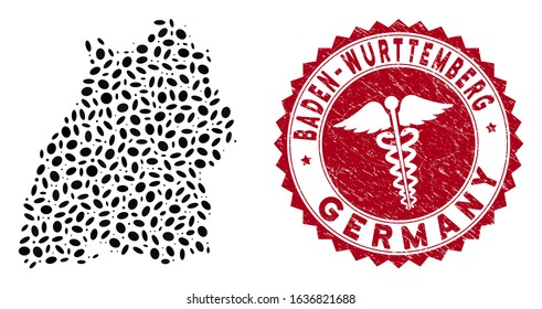 Vector collage Baden-Wurttemberg Land map and red round corroded stamp seal with medic icon. Baden-Wurttemberg Land map collage designed with ellipse items. Red rounded health care seal stamp,
