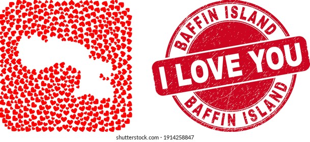 Vector collage Baffin Island map of lovely heart items and grunge love seal. Collage geographic Baffin Island map designed as stencil from rounded square shape with lovely hearts.