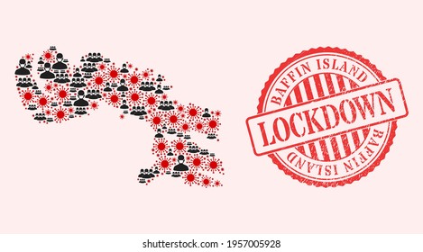 Vector collage Baffin Island map of flu virus, masked men and red grunge lockdown seal. Virus elements and men in masks inside Baffin Island map.