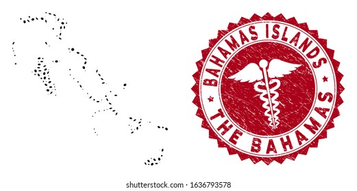 Vector collage Bahamas Islands map and red round corroded stamp seal with medicine symbol. Bahamas Islands map collage composed with ellipse elements. Red round clinic seal stamp,