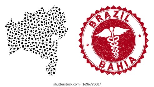 Vector collage Bahia State map and red round rubber stamp seal with doctor symbol. Bahia State map collage constructed with ellipse elements. Red round medicine seal stamp, with grunge texture.