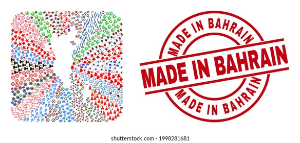 Vector collage Bahrain map of different icons and Made in Bahrain stamp. Collage Bahrain map designed as subtraction from rounded square shape. Red round stamp with Made in Bahrain text.