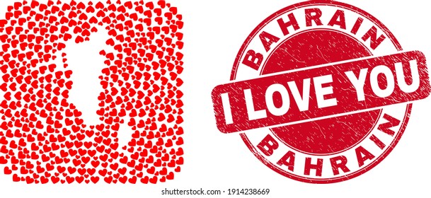 Vektorgrafik sammelt Bahrain-Karte von valentinischen Herzelementen und grunge Liebesstempel. Collage geographische Bahrain-Karte als geschnitzte Form aus abgerundeten Quadrat mit Liebe Herzen konstruiert.