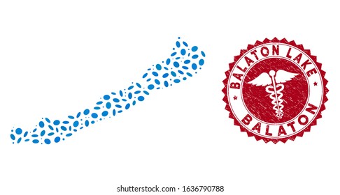 Vector collage Balaton Lake map and red rounded rubber stamp watermark with medical sign. Balaton Lake map collage designed with oval elements. Red rounded medical seal, with dirty texture.