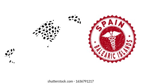 Vector collage Balearic Islands map and red round grunge stamp watermark with healthcare sign. Balearic Islands map collage designed with elliptic spots. Red round medicine seal stamp,