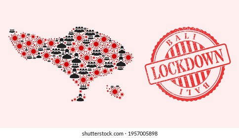 Vector collage Bali map of covid-2019 virus, masked people and red grunge lockdown stamp. Virus particles and people in masks inside Bali map.