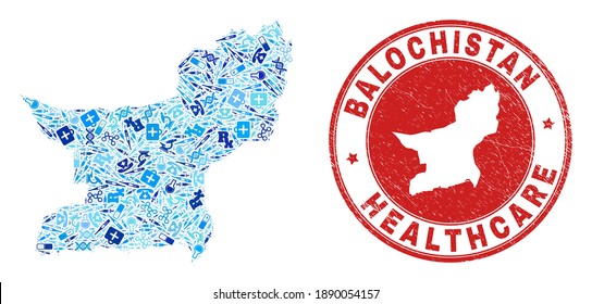 Vector collage Balochistan Province map with treatment icons, labs symbols, and grunge doctor imprint. Red round imprint with grunge rubber texture and Balochistan Province map caption and map.