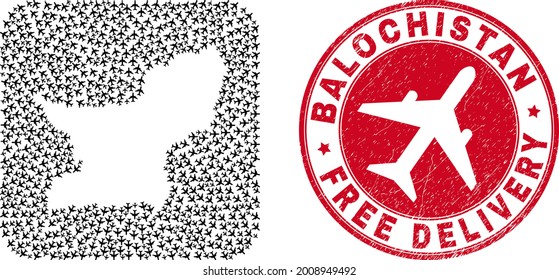 Vector collage Balochistan Province map of aeroplane elements and grunge Free Delivery seal stamp.