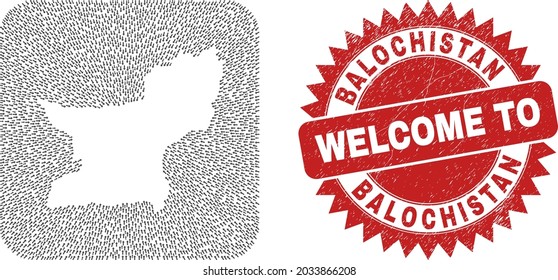 Vector collage Balochistan Province map of pointing arrows and scratched Welcome stamp.