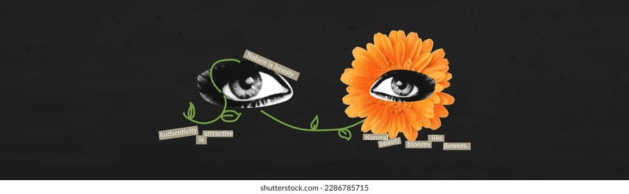 Vector collage banner. Eyes and flower, drawn plant. Concept on the theme that beauty is naturalness. Creative advertising for the beauty industry. Contemporary print